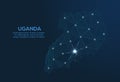 Uganda communication network map. Vector low poly image of a global map with lights in the form of cities. Map in the form of a