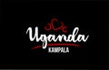 Uganda country on black background with red love heart and its capital Kampala