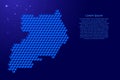 Uganda map from 3D classic blue color cubes isometric abstract concept, square pattern, angular geometric shape, glowing stars.