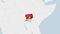 Uganda map highlighted in Uganda flag colors and pin of country capital Kampala