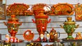 UGLICH, RUSSIA. Sale of objects with Khokhloma painting in gift shop