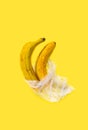 Ugly bananas in a plastic bag on a yellow background