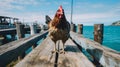 Documentary Travel Photography: Rooster On Old Pier Royalty Free Stock Photo