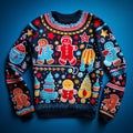 ugly Christmas black sweater ,featuring a mishmash of holiday symbols on a solid background