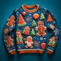 ugly Christmas blue sweater ,featuring a mishmash of holiday symbols A masterpiece of gaudy cheer