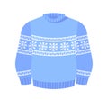 Ugly Christmas Sweater, Blue Knitted Winter Jumper With Norwegian Ornament And Holidays Decoration Isolated On White