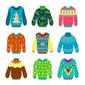 Ugly christmas sweater. Knitted jumpers with winter patterns, snowflakes and deer. Xmas funny cozy clothes. Isolated