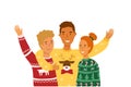 Ugly Christmas Sweater Party. Young people hug. Vector illustration Royalty Free Stock Photo