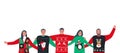 Ugly Christmas Sweater Party. Young people in red and green Christmas sweaters with deer, bear, penguin