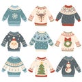 Ugly christmas sweaters. Cartoon cute wool jumper. Knitted winter holidays sweater with funny snowman, Santa and Xmas tree vector Royalty Free Stock Photo