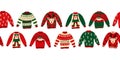 Ugly Christmas sweaters seamless vector border. Knitted winter jumpers with norwegian ornaments and decorations. Holiday design