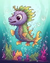 Ugly but cute cartoon sea monster, water color childrens illustration in bright colors Royalty Free Stock Photo