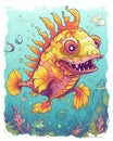 Ugly but cute cartoon sea monster, water color childrens illustration in bright colors Royalty Free Stock Photo