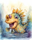 Ugly but cute cartoon sea monster, water color childrens illustration in bright colors