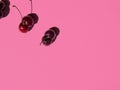 Ugly double Cherries in pink bocal on lilac background Royalty Free Stock Photo