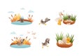 Ugly duckling fairy tale scenes set. Lonely little duckling swimming in pond cartoon vector illustration