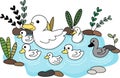 The ugly duckling is floating on the water with mommy and the five little ducks