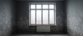 An ugly empty room with large window and peeled walls. AI generated