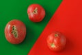 Ugly food concept, deformed tomatoes on the red background, copy space, creative duotone image