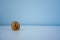 ugly fresh raw potato unusual form lying closely on light blue background. Copy space