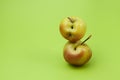 Ugly fruit. Two green apples with flaws on a light green background with copy space. Selective focus. Concept - Food waste Royalty Free Stock Photo