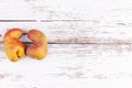 Ugly fruits pair of ripe pears on white wooden table background with copy space