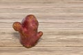 Ugly funny potato on a wooden background with copy space. Concept - Unusual vegetables and fruits. Reduce amount of plant or food