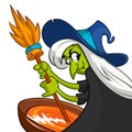 Ugly Halloween Witch Preparing A Potion. Vector illustration of a cartoon witch stirring her spooky brew Royalty Free Stock Photo