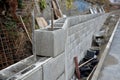 Ugly holding a road notch of a bridge forecourt tunnel. retaining wall with concrete grouting is covered with fake, optically pret Royalty Free Stock Photo