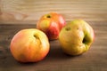 Ugly, juicy, big apples with defects on the skin on the wooden brown background. Funny, strange, imperfect fruits.