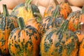 Ugly pumpkins in the color of bright orange and heavy green bumps for sale at outdoor market Royalty Free Stock Photo