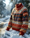 An ugly sweater for Christmas sitting on a snowy road in the middle of a winter forest Royalty Free Stock Photo