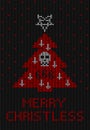 Ugly sweater knitted background. Christmas tree decorated with a pentagram, inverted crosses and a