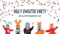 Ugly sweater party design cad invitation with cute animals. Space for text