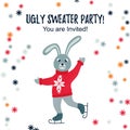 Ugly sweater party design cad invitation with a cute skating hare. Space for text