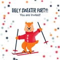 Ugly sweater party design cad invitation with a cute skiing chipmunk. Space for text