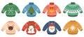 Ugly sweater party. Merry Christmas collection with funny sweaters. Big set with hand drawn falt holidays pullover - Royalty Free Stock Photo