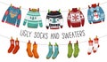 Ugly sweaters and socks collection. Christmas socks and sweaters for party, invitation, greeting card in cartoon style. Ugly