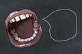 Ugly Teeth, open Mouth and something to say in empty Speech Bubble on Blackboard. Concept illustrated in Classic Style Royalty Free Stock Photo