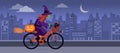 Ugly witch riding a bicycle at night