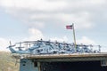 UH-1Y Venom and Bell AH-1 SuperCobra attack helicopters of U.S.Marine Corps park on the LPD ship Royalty Free Stock Photo