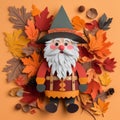 Paper Cut 3d Gnome Surrounded By Autumn Leaves In Traditional Color Scheme Royalty Free Stock Photo