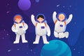 Astronaut team in outer space. Cartoon characters. Vector colorful childrens illustration. Teamwork and friendship. People