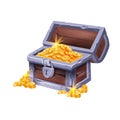 Gold vintage chest, vector game treasure icon, shiny coin pile, pirate open full wooden trunk, iron lock.