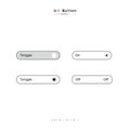 UI button designs are displayed, featuring toggle switches labeled \