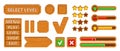 Ui buttons icons. Wooden panels different shapes, progress, loading bars, sliders, game menu options, interface elements