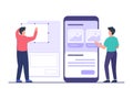 UI designer create wireframe using tool in collaboration with developer design mobile apps on large smartphone with flat