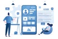 UI designer creates structure of information blocks of mobile app. Female programmer writes application code. Teamwork concept Royalty Free Stock Photo