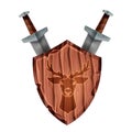 Wooden game shield vector icon, fantasy medieval battle sign, deer silhouette, sword isolated on white.