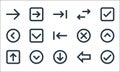 Ui line icons. linear set. quality vector line set such as check mark, down arrow, up arrow, left arrow, down left cross, opposite Royalty Free Stock Photo